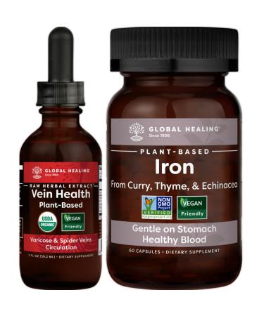 Global Healing Plant-Based Vein Health & Iron Health Kit - Liquid Drops for Blood Flow & Vein Circulation and Vegan Supplement for Blood Support Natural Energy & Brain Health - 2 Fl Oz & 60 Capsules