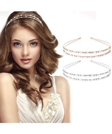 Molain 2 Pieces Double-layer Rhinestone Hair Hoop Headband Shiny Crystal Headbands Metal Hairband for Princess Wedding Bridal Headpieces(Gold+Silver) Style A