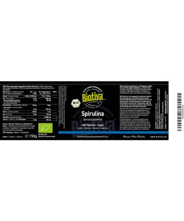 Organic Spirulina Tablets 500 g Premium Organic Quality High Dosed Algae Arthrospira Platensis Biotiva - Buy Online on GoSupps.com