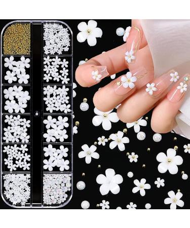 3D Flower Nail Art Charms  250pcs White Flowers Nail Rhinestones Kit 3D Crystal Nail Pearls Flat Design Acrylic Nail Art Studs Manicures Nail Accessories for Women Girls