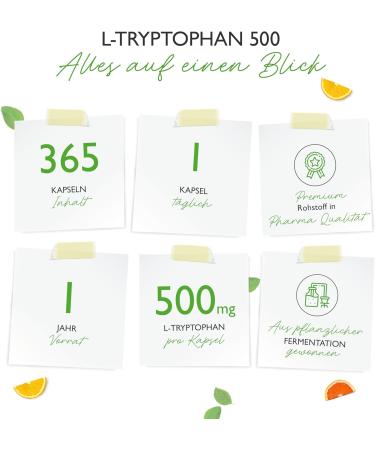L-Tryptophan 500 mg - 365 Vegetable Fermentation Capsules - 12 Months of Battery Life - No Additives - High Dosed - Vegan - Buy Online on GoSupps.com