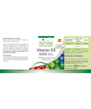 Fairvital | Vitamin D3 Highly dosed - 5000 IU - Cholecalciferol - Vitamin D3 in capsules - 180 Pcs - Buy Online on GoSupps.com