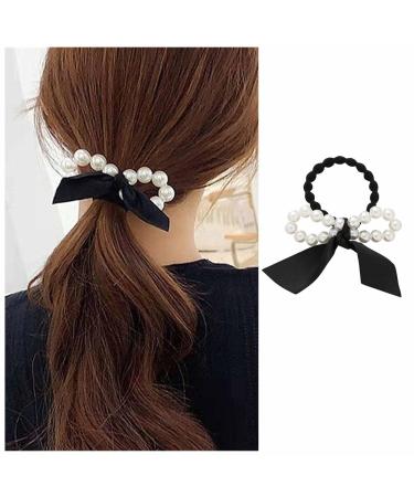 Dervivea French Pearl Bow Hair Rope Ties Pearl Ponytail Holder Hair Tie Black Bow Hair Scrunchies Elastic Bow Pearl Hair Rope Band Ribbon Bow Hair Rubber Band Decorative Hair Accessories(Ribbon Bow)
