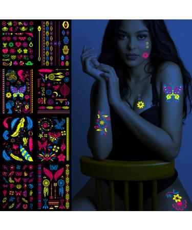 8 Large Sheets Neon Temporary Tattoos 100+ Glow UV Jewellery Body Shimmer Tattoo Black Lights Fake Skin Party Accessories Tattoo Stickers for Women Girls Body Face Art Butterfly  flowers  feather