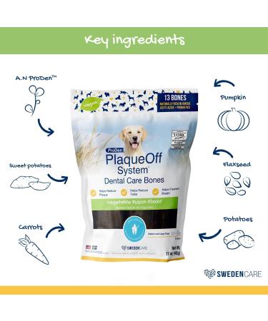 Swedencare UK ProDen PlaqueOff Dental Bones Vegetable Fusion (Pack of 13 - 485 g) for Dogs Bad Breath Plaque Tartar Veggie 37.31 g (Pack of 13) - Buy Online on GoSupps.com