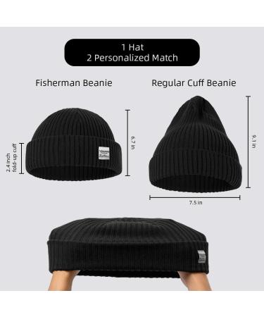 Zowya 2-in-1 Fisherman Beanie and Regular Cuff Knit Hat in Black - Unisex Warm Ribbed Skull Cap - Buy Online on GoSupps.com