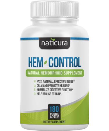 Naticura Hem-Control - Natural Treatment for Hemorrhoids with Psyllium Husks, Witch Hazel, Ginger Root - Vegan - 180 Count - Helps Maintain Bowel Movement Regularity - Digestive Support
