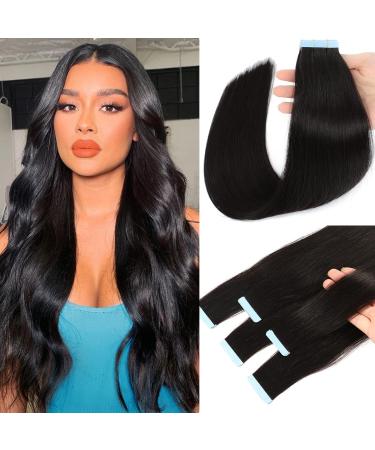 Tape in Hair Extensions Human Hair 100% Remy Hair 16 Inch 20pcs 40g/Pack Straight Seamless Invisible Skin Weft Extensions Easy to Apply and Style(16 Inch 1B Natural Black) 16 Inch 1B Natural Black