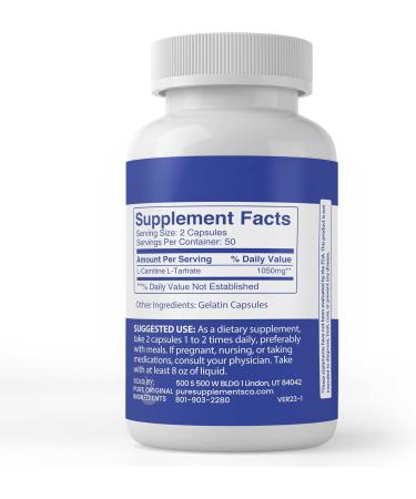 Buy Pure Original Ingredients L-Carnitine L-Tartrate (100 Capsules) - No Additives Lab Verified for Optimal Health | Fast International Shipping - Buy Online on GoSupps.com