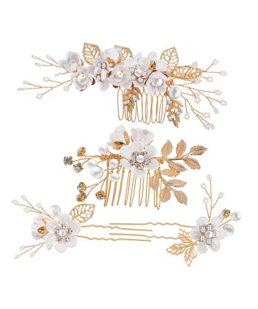 PLAFOPE 1 Set Comb Set Bride Side Combs Hair Decorations U Shaped Hair Pins Rhinestones Wedding Side Comb Wedding Hair Pins Wedding Veil Combs Flower Bridal Combs Hair Flowers Pearl White