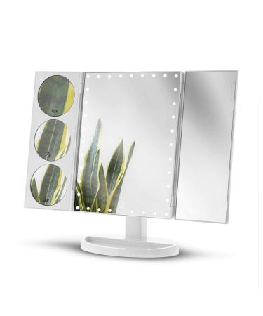 Home Zone Living Makeup Vanity Mirror  Large Trifold with LED Lights and up to 10X Magnification  White  LA62000V Large Tri-Fold