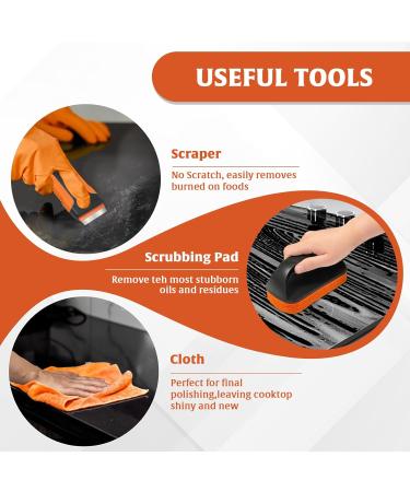 Glass Stove Top Cleaner Kit 12 oz - Non-Abrasive Cooktop Cleaner & Polish with Scrubbing Pad Handle Scraper & Cloth - Tough Stain Removal for a Sparkling Finish - Buy Online on GoSupps.com