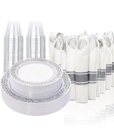 LLSF 210 Pieces Silver Plastic Dinnerware, Disposable Silver Plates, Includes: 30 Dinner Plates, 30 Salad Plates, 30 Cups 9 OZ and 30 Per Rolled Napkins with Silver Cutlery, For Wedding and Party