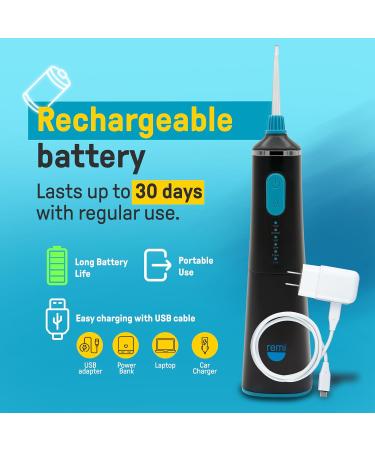 Remi Cordless Water Flosser - Portable Rechargeable Oral Irrigator with 5 Modes & Nozzles | Effective Tartar & Plaque Remover (Charcoal - Buy Online on GoSupps.com