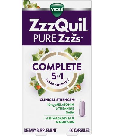 ZzzQuil Pure Zzzs Complete Sleep Melatonin 10mg L-Theanine GABA with Ashwagandha and Magnesium Melatonin Sleep Aid 60 Count - Buy Online on GoSupps.com