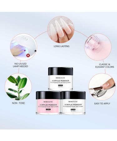 Morovan Acrylic Nail Kit - Beginner Set with Acrylic Powder, Monomer Liquid, Brush, Nail Forms, Tips - A-White Pink Clear - Buy Online on GoSupps.com