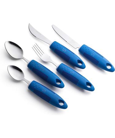 Special Supplies Adaptive Utensils (5-Piece Kitchen Set) Wide  Non-Weighted  Non-Slip Handles for Hand Tremors  Arthritis  Parkinsons or Elderly Use - Stainless Steel Knives  Fork  Spoons - Blue - Buy Online on GoSupps.com