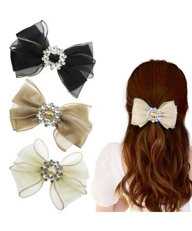 3 PACK 5.5Inch Large Bow Hair Clip Cute Rhinestone Bowknot Hair Barrette Mesh Hair Bow Hair Accessories for Women Girls