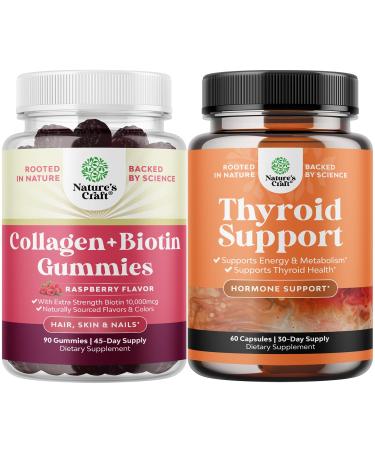 Bundle of Hair Skin and Nails Gummies for Women - Extra Strength Biotin & Collagen and Herbal Thyroid Support - Potent Kelp Iodine Supplement with L Tyrosine Bladderwrack Selenium & Pure Ashwagandha
