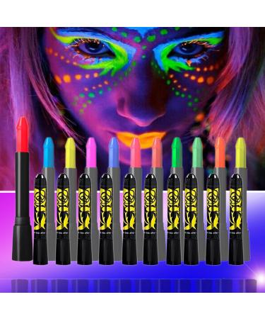 12 Colors Glow In The Dark Under Black Light Face & Body Paint, UV Black Light Glow Body Paint Makeup Fluorescent Neon Face Painting Crayons Kit for Halloween Costume Holiday Birthday Masquerades Club Makeup