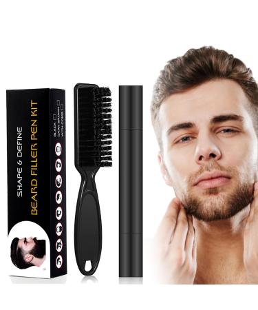 Beard Pencil Filler for Men - Black Beard Pen - Beard Brush Bristle Waterproof & Sweatproof - Natural Long-lasting Coverage Mustache Kit - Shape & Define Colour Enhance Facial Hair Styling Thickener