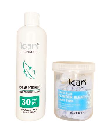 ICAN LONDON PROFESSIONAL CREAM PEROXIDE 30 VOL 9% 250 ML + RAPID BLUE POWDER BLEACH (JAR)80 G SET