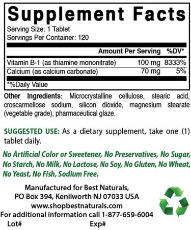 Best Naturals Vitamin B1 Thiamine Mononitrate 100mg - 120 Tablets - Buy Online on GoSupps.com