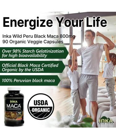 InkaMaca Organic Black Maca 800mg (90 Capsules) Gelatinized Non-GMO Vegan Gluten-Free Soy-Free Dairy-Free - Authentic Peruvian Maca Root Supplement for Energy & Vitality 90 count (Pack of 1) - Buy Online on GoSupps.com