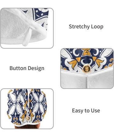 Blue Yellow Ethnic Flowers Hair Towel 2 Pack | Super Absorbent Quick Dry Hair Turbans for Women & Girls - Buy Online on GoSupps.com