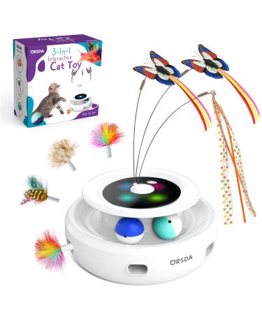 ORSDA 3-in-1 Interactive Cat Toys for Indoor Cats 2000mAh High-Capacity USB Rechargeable Power Cat Toys Balls,Butterfly Cat Toy,Cat Feather Toy Timer Auto On/Off, Cat Teaser with 6 Attachments Bright White