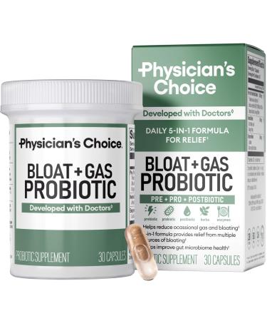 Physician's CHOICE Bloat & Gas Probiotic 5-in-1 Proactive Support + Daily Relief - Digestion & Gut Health- Herbals Digestive Enzymes Post & Prebiotics - Gas Relief for Adults - Women & Men - 30ct 30 Count (Pack of 1)