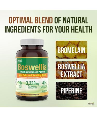 Herba Boswellia Serrata Capsules with Bromelain Supplement 120 Boswellia Capsules | 3 330mg 10:1 Boswellia Extract with Black Pepper - Extra Strength | Relieves Joint Pain and Swelling | Made in Canada - Buy Online on GoSupps.com