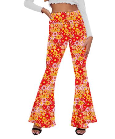 Deerose Women's High Waist Stretch Bell Bottom Print Flare Hippie Pants Medium Orange Floral