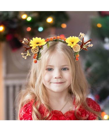 IYOU Christmas Hair Band Orange Reindeer Antlers Headband Flower Cute Deer Hair Piece with Hair Clips Accessories for Women Girls Halloween Cosplay Party