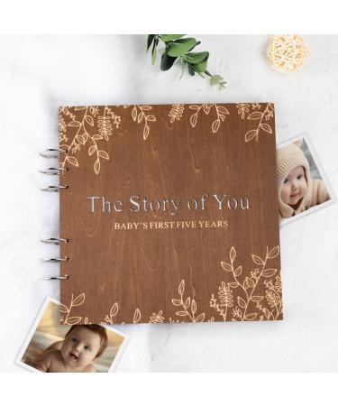 Creawoo Wooden Baby Memory Book Milestone Pregnancy Journal Book Baby's First 5 Years Record Book Diary for Expecting Mums Dads New Parents Baby Photo Album Scrapbook Baby Shower Keepsake Gift