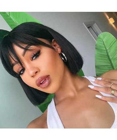 Royal Lady Brazilian Virgin Straight Short Bob Wigs with Bangs None Lace Front Wigs Machine Made Bob Human Hair Wigs with Bangs for Black Women Natural Color (10inch) 10 Inch Straight Bob Wig with Bangs
