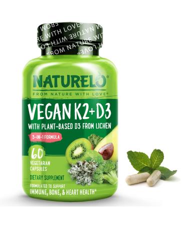 NATURELO Vegan K2+D3 - Plant Based D3 from Lichen - Natural D3 Supplement for Immune System  Bone Support  Joint Health - Whole Food - Vegan - Non-GMO - Gluten Free Capsule (60 Count (Pack of 1)) K2 + D3 60 Count (Pack o...