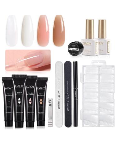 GAOY Poly Nail Extension Gel Kit of 4 Colors with Top Coat Base Coat Dual Forms and Tools Gel Nail Enhancement All-in-One Nail Builder Gel French Manicure Kit 4 Colors Set
