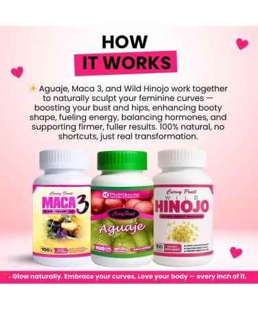 Bigger Booty Bust & HIPS Aguaje + Maca 3 + Wild Hinojo Pills Natural Curve Shaping Supplement 3 Bottles / 1 Month Supply - Buy Online on GoSupps.com