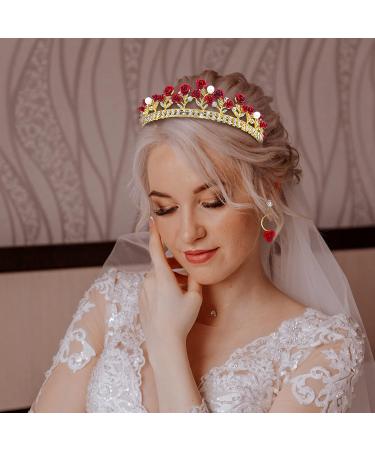 Red Rose Bridal Wedding Queen Crown Set - Gold Baroque Princess Tiara with Pearls, Crystals, and Rose Pendant - Ideal for Women and Girls - Buy Online on GoSupps.com