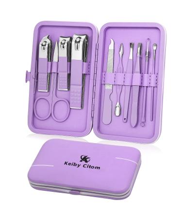 Manicure Set 10pcs Professional Nail Clippers Kit Pedicure Care Tools-Stainless Steel Grooming Tools for Travel (Violet)