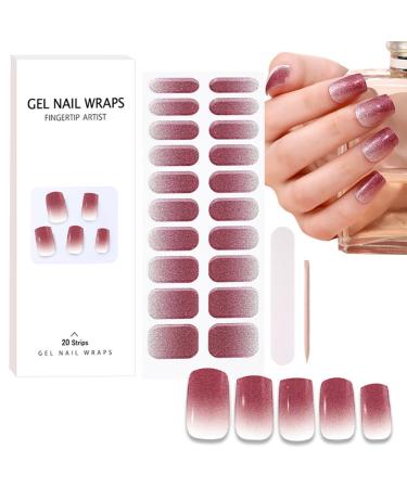 Semi Cured Gel Nail Strips - Pink Glitter Tips Gel Nail Stickers - 20Pcs Semi Cured Nail Wraps French Manicure Stickers - Long Lasting Gel Nail Stickers UV/LED Lamp Required Red Glitter