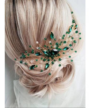Teyglen Bridal Wedding Gold Hair Comb with Green Rhinestones - Crystal Side Hair Accessory for Women and Girls - Buy Online on GoSupps.com