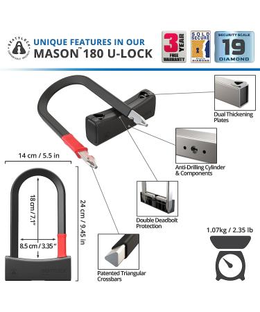 Seatylock Mason Bike U Lock - Heavy Duty Anti Theft Diamond Secure ULock - Ultra Security Bicycle Safety Tool for City, Electric & Mountain Bikes - 7.1 inch Narrow - Buy Online on GoSupps.com