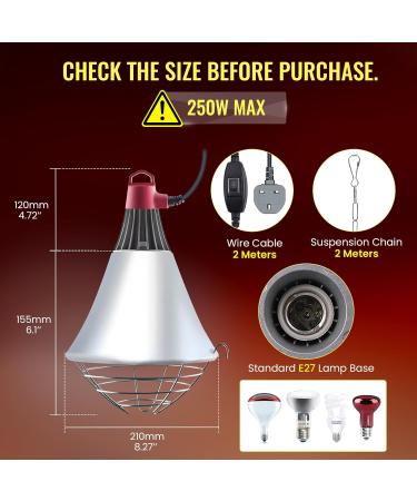 Luxvista Poultry Heat Lamp 250W with 2M Wire and Chain - 2 Mode Switch, Adjustable Holder for Chicks Kennel - E27 Infrared Heat Lamp Holder - Buy Online on GoSupps.com