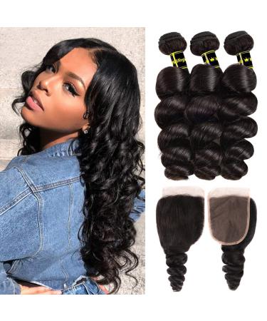 Brazilian Virgin Hair Loose Wave Bundles Human Hair 100% Unprocessed Loose Wave 3 Bundle with Free Part Closure (10 12 14+10) Human Hair Extensions Natural Color 10 12 14+10 black loose wave