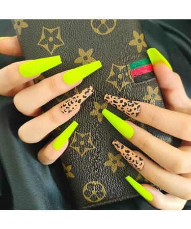 Sethain Matte Black Ballerina False Nails - Long Coffin Press-On Nails with Yellow Leopard Print for Women & Girls - International Shipping Available - Buy Online on GoSupps.com