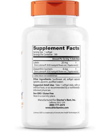Doctor's Best Lutein with Lutemax 20 mg - 180 Softgels | Eye Health Supplement - Buy Online on GoSupps.com