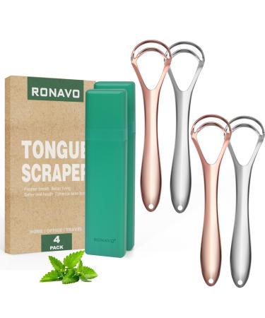 RONAVO Tongue Scraper for Adults (4 PC) New 2023 Tounge Scraper Dual Scraping Head with Travel Cases Stainless Steel Tongue Cleaner Fresh Breath Oral Care 2 Colors Family Pack