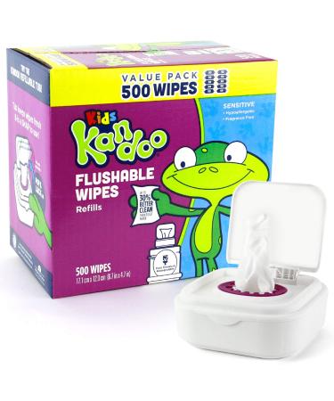 Kandoo Flushable Wipes for Baby and Kids, Unscented for Sensitive Skin, Hypoallergenic Potty Training Wet Cleansing Cloths, 50 Count, 10 Pack + Tub
